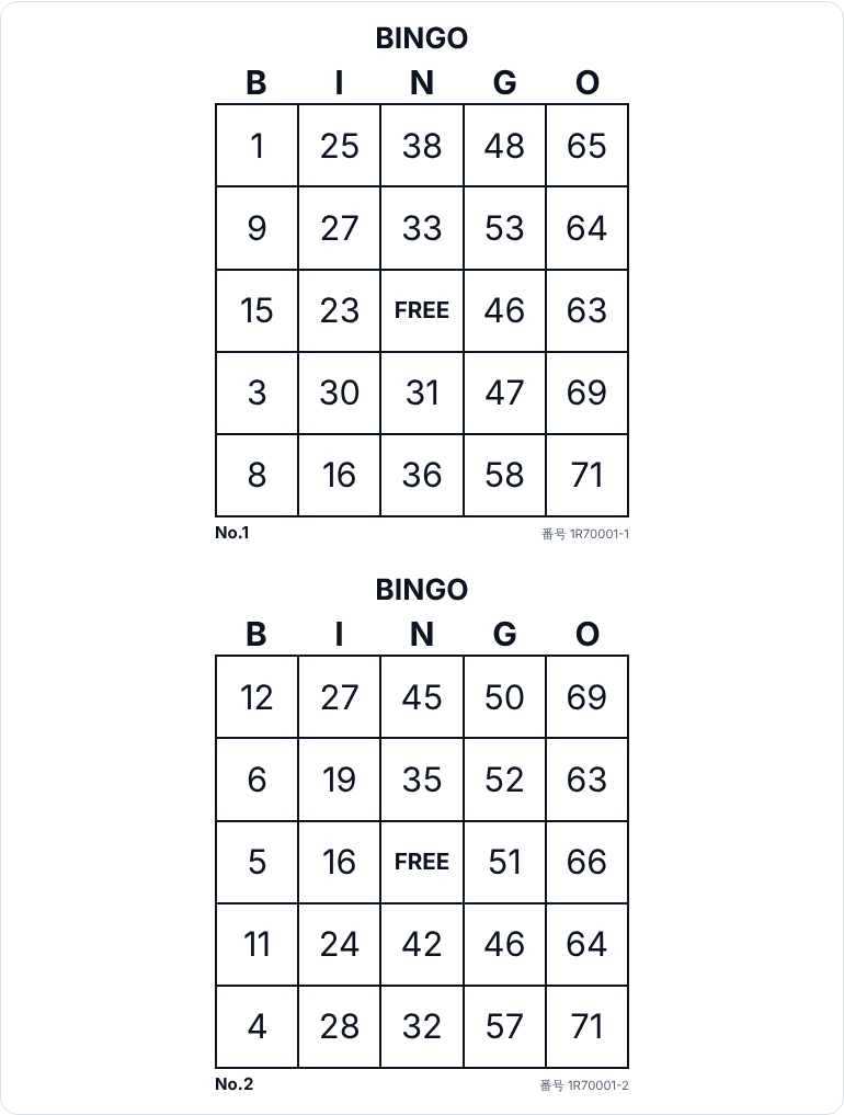 A4 1 ページぶんの紙面。BINGO の見出しと B I N G O の列名の下に 5×5 のマスが並び、中央は FREE。左下に No.1、右下に番号 1R70001-1 と刷られたカードが上下に 2 枚ある