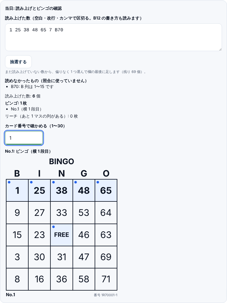 当日の照合の欄。読み上げた数に 1 25 38 48 65 7 B70 と入り、読めなかったものとして B70: B 列は 1〜15 です、と出ている。ビンゴは 1 枚で No.1(横 1 段目)。カード番号 1 を入れると、No.1 のカードの上の段と FREE に印が付いて表示されている