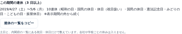 2019年5月を表示したときの連休の一覧。2019年4月27日(土)から5月6日(月)までの10連休と、含まれる祝日・休日の名前が並び、表示期間の外から続くと書き添えてある。下に連休の一覧をコピーのボタンがある