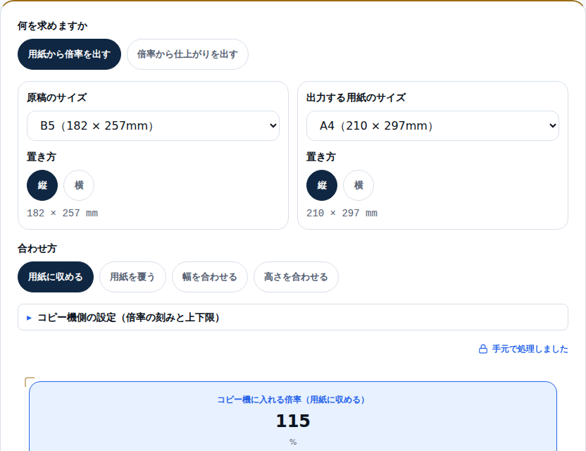 コピー倍率計算の画面。原稿のサイズにB5（182×257mm）、出力する用紙のサイズにA4（210×297mm）が選ばれ、合わせ方は「用紙に収める」。その下に「コピー機に入れる倍率（用紙に収める）115%」と大きく出ている