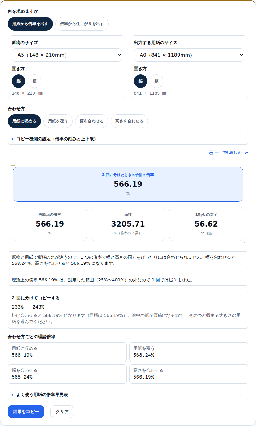 A5からA0への拡大画面。見出しに「2回に分けたときの合計の倍率 566.19%」と出て、その下に「理論上の倍率566.19%は、設定した範囲（25%〜400%）の外なので1回では届きません」という通知と、「2回に分けてコピーする 233% → 243%」のカードが並んでいる