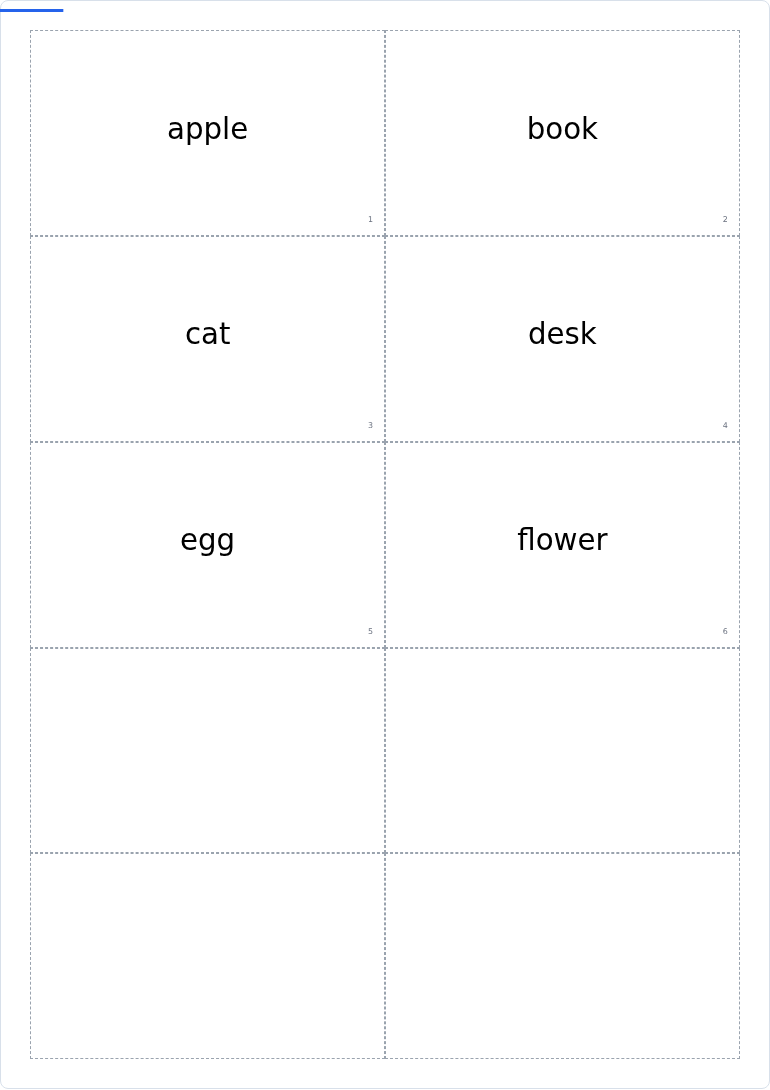 A4縦に10面付けした表面の紙。左上から順に apple・book・cat・desk・egg・flower が並び、それぞれのカードの右下に 1 から 6 までの小さな通し番号が入っている。下の4面は空きで、切り取り線だけが破線で引かれている