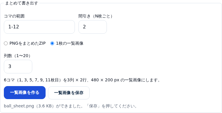 まとめて書き出す欄。コマの範囲に 1-12、間引きに 2、形式は 1 枚の一覧画像、列数 3。「6コマ(1, 3, 5, 7, 9, 11枚目)を3列 × 2行、480 × 200 px の一覧画像にします。」と出て、作ったあとに ball_sheet.png ができたと表示されている
