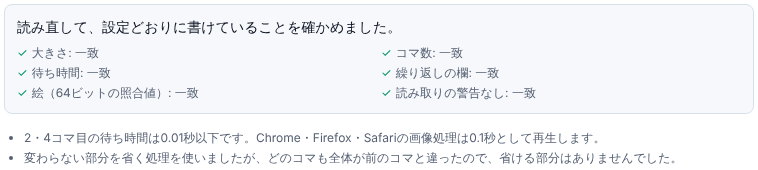 読み直しの確認で6つの項目がすべて一致と出ている。下の通知に、2・4コマ目の待ち時間が0.01秒以下でブラウザでは0.1秒で再生されることが出ている
