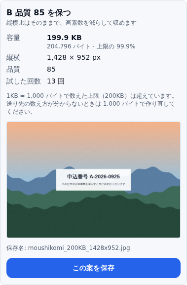 1,024 バイトで数えたときの B 案のカード。1,428 × 952 px・204,796 バイト(上限の 99.9%)で、「1KB = 1,000 バイトで数えた上限(200KB)は超えています」と注意が出ている