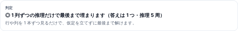 ハートの判定。「1 列ずつの推理だけで最後まで埋まります(答えは 1 つ・推理 5 周)」と出ている