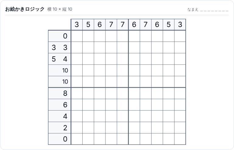 ハートの問題の紙面。左に行の数字、上に列の数字、空の方眼が 10 × 10 並んでいる