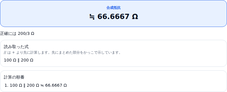 結果の画面。合成抵抗 ≒ 66.6667 Ω。その下に「正確には 200/3 Ω」とあり、読み取った式 100 Ω ∥ 200 Ω と、計算の順番 100 Ω ∥ 200 Ω ≒ 66.6667 Ω が並んでいる