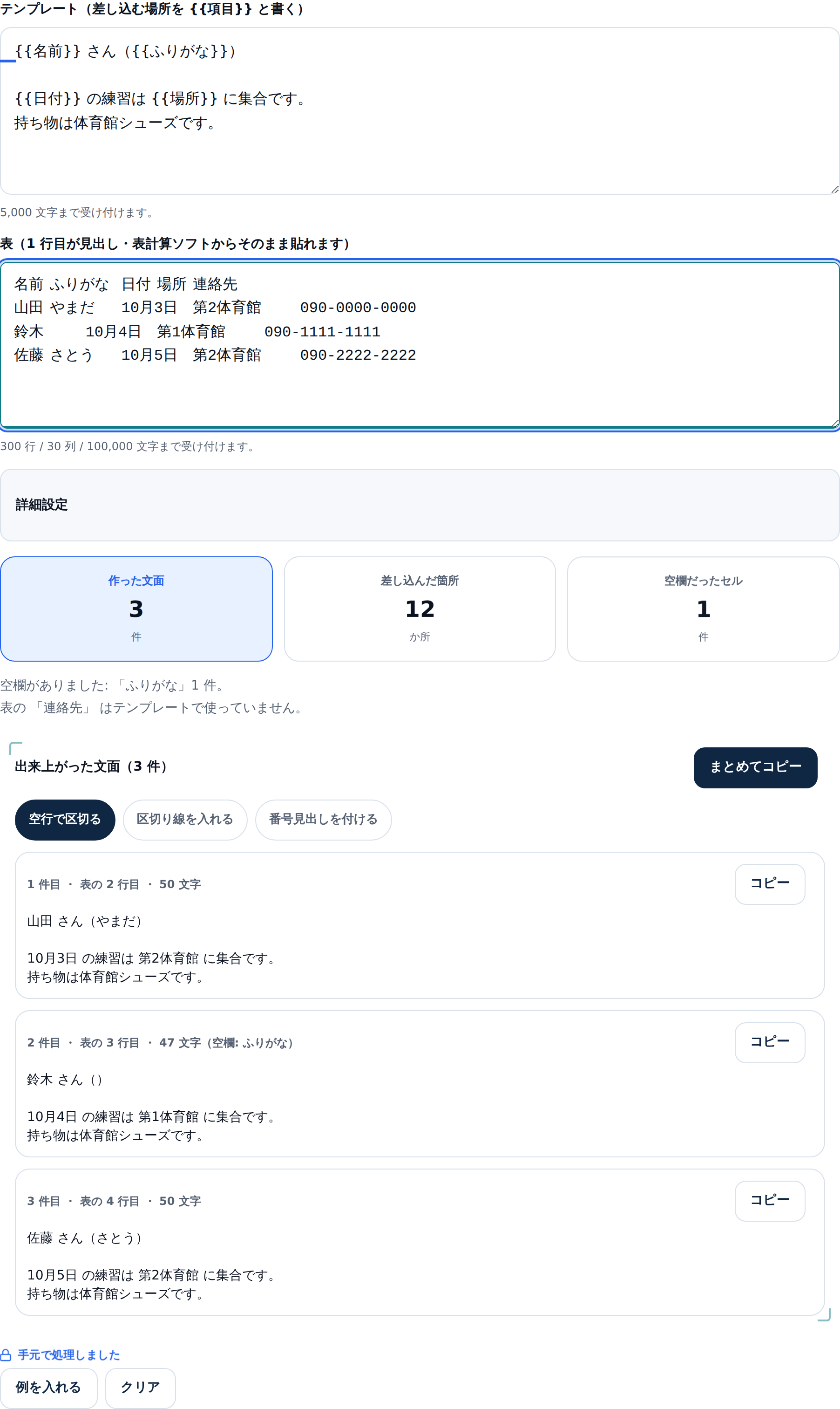 例を入れたあとの画面全体。テンプレート欄に「{{名前}} さん({{ふりがな}})」で始まる型、表の欄に名前・ふりがな・日付・場所・連絡先の5列3行の名簿が入っている。作った文面3件、差し込んだ箇所12か所、空欄だったセル1件という3つの数字と、空欄と未使用の列の通知が出て、その下に3件の文面カードが並んでいる
