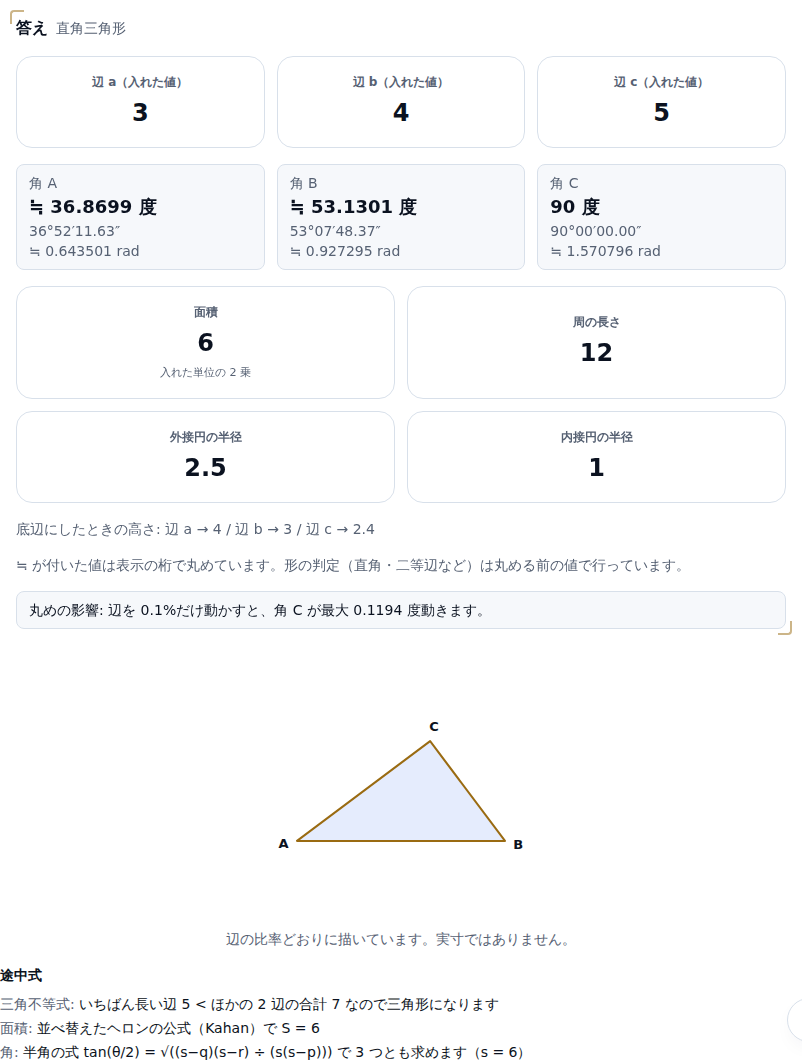 答えのカード。直角三角形という表示の下に辺a=3・辺b=4・辺c=5、角A≒36.8699度(36°52′11.63″)、角B≒53.1301度、角C=90度、面積6、周の長さ12、外接円の半径2.5、内接円の半径1が並び、その下に3辺の三角形の図がある