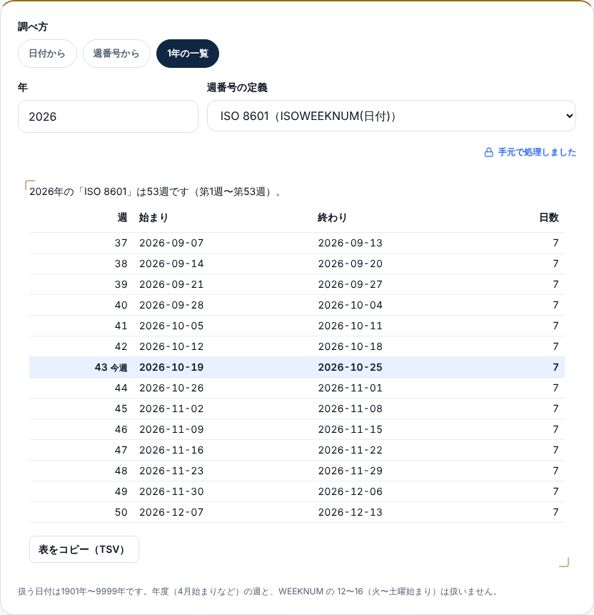 2026年のISO 8601の一覧で、第43週の行に今週の印が付き、2026-10-19から2026-10-25までと出た画面